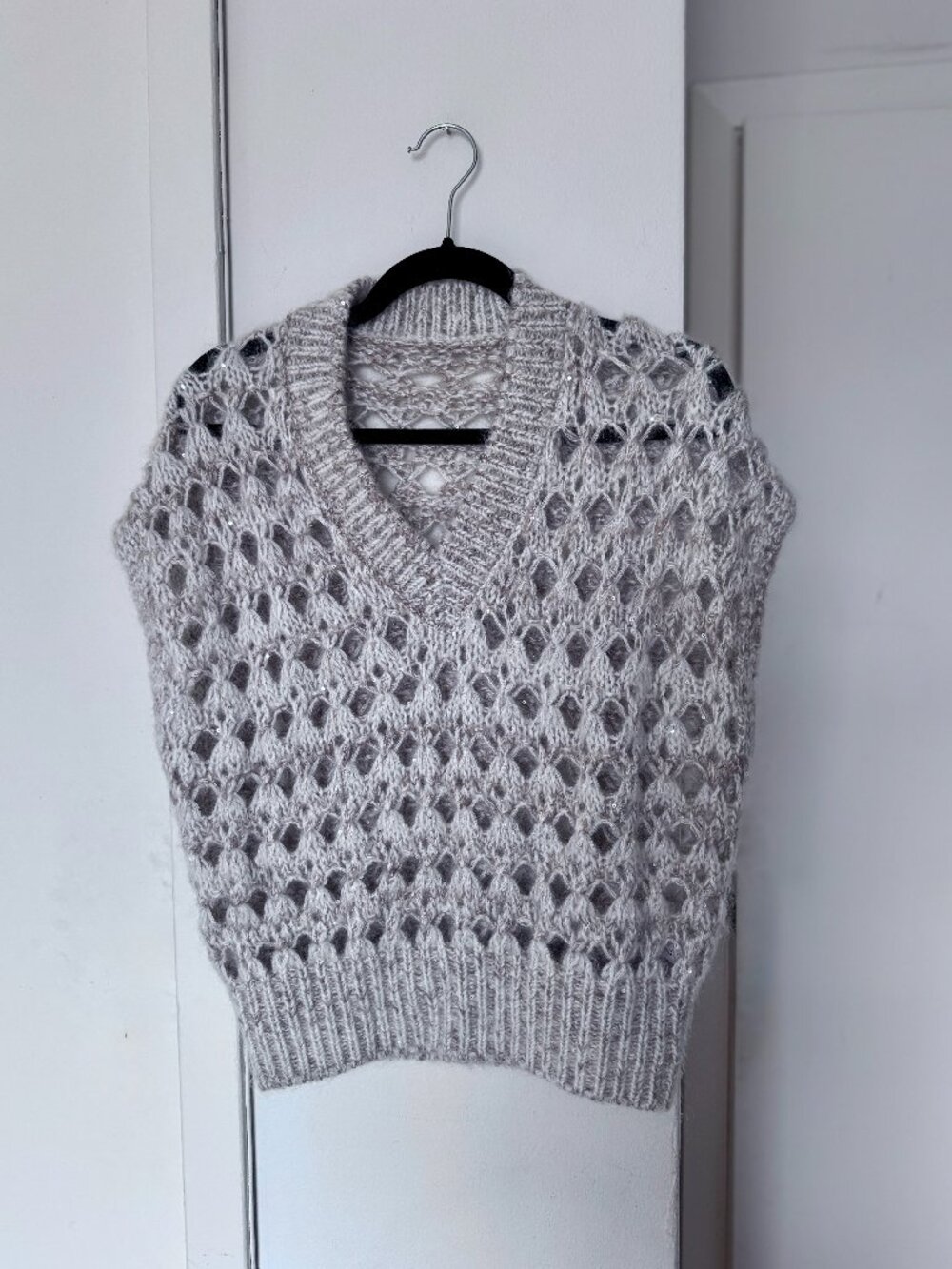 BRUNELLO CUCINELLI Sleeveless mohair sequin-embellished open-knit top beige vest